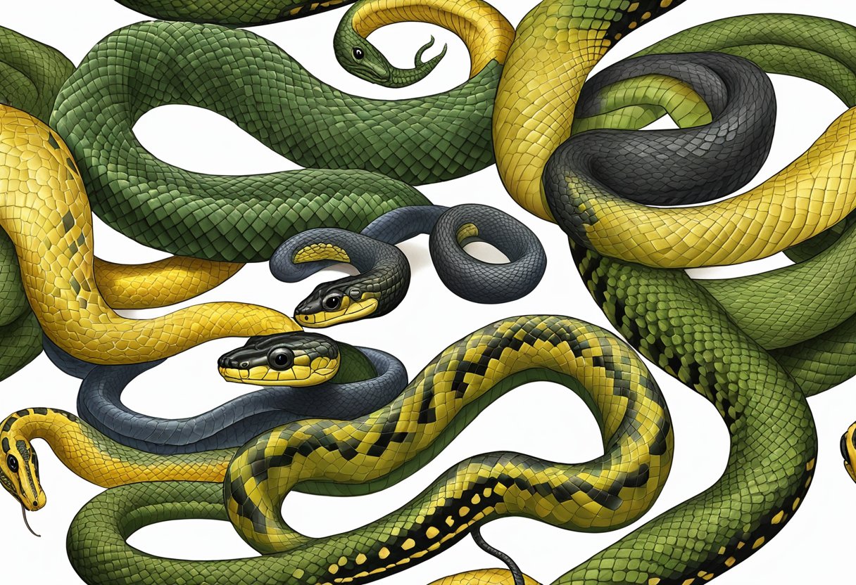 A collection of the top 5 most poisonous snakes, each with distinct markings and colors, coiled and ready to strike