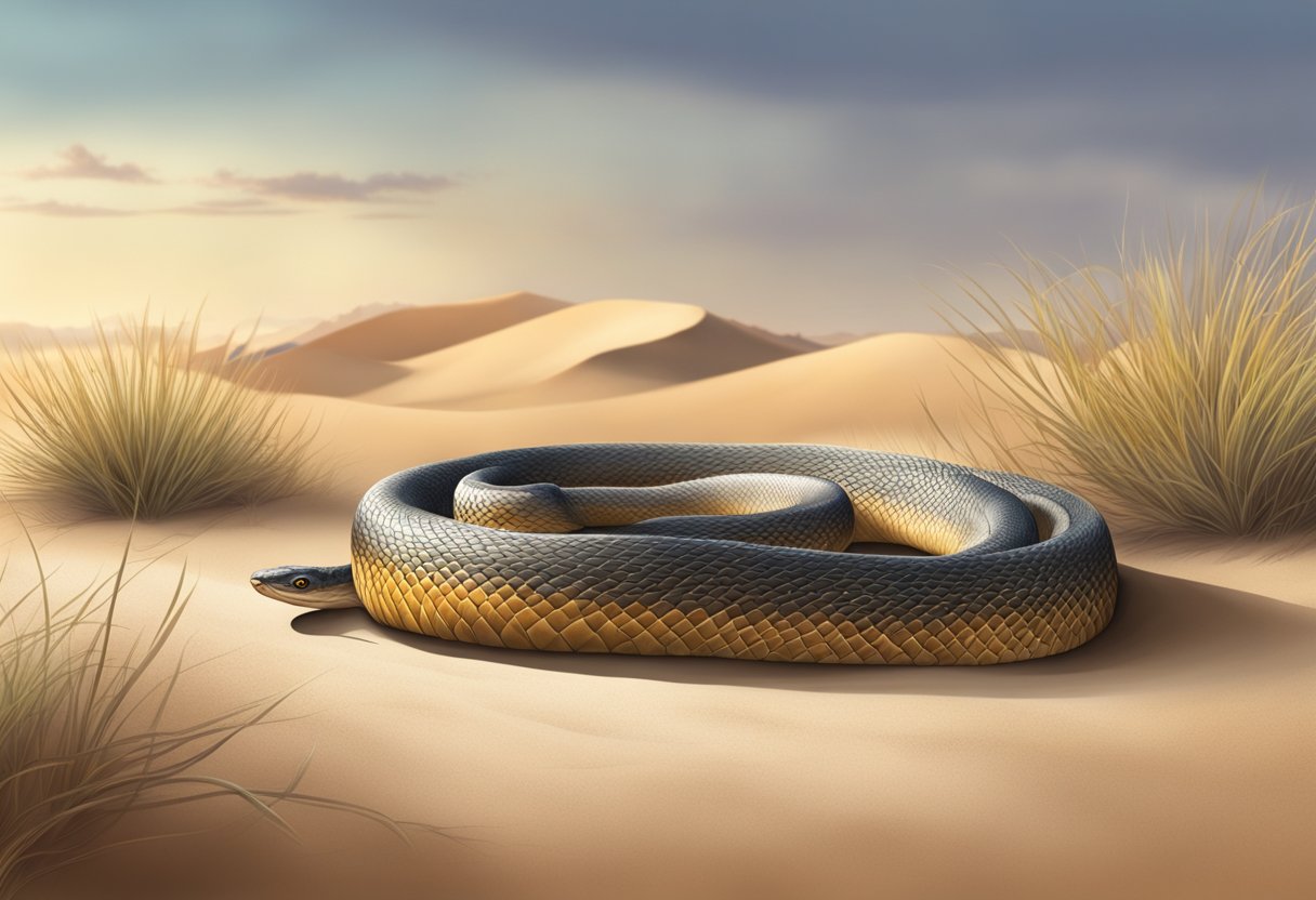 A coiled Inland Taipan poised to strike in its natural desert habitat. Sand dunes and sparse vegetation in the background