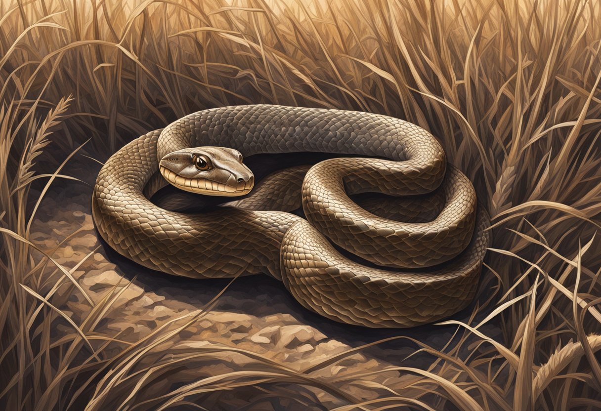 An Eastern Brown Snake slithers through dry grass, its scales glistening in the sunlight. Its menacing presence is captured as it coils up, ready to strike