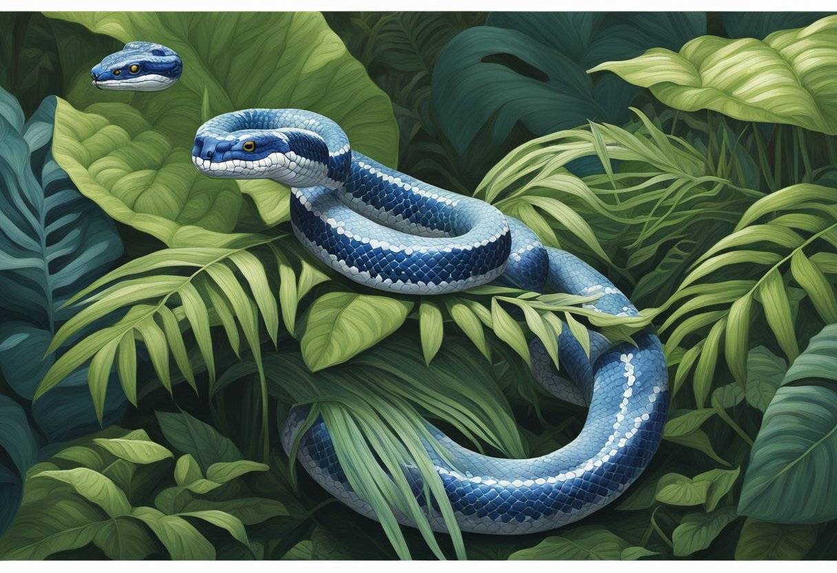 A blue krait slithers through the lush jungle, its sleek body glinting in the dappled sunlight. Its distinctive blue and white bands make it stand out against the green foliage, a deadly beauty in its natural habitat