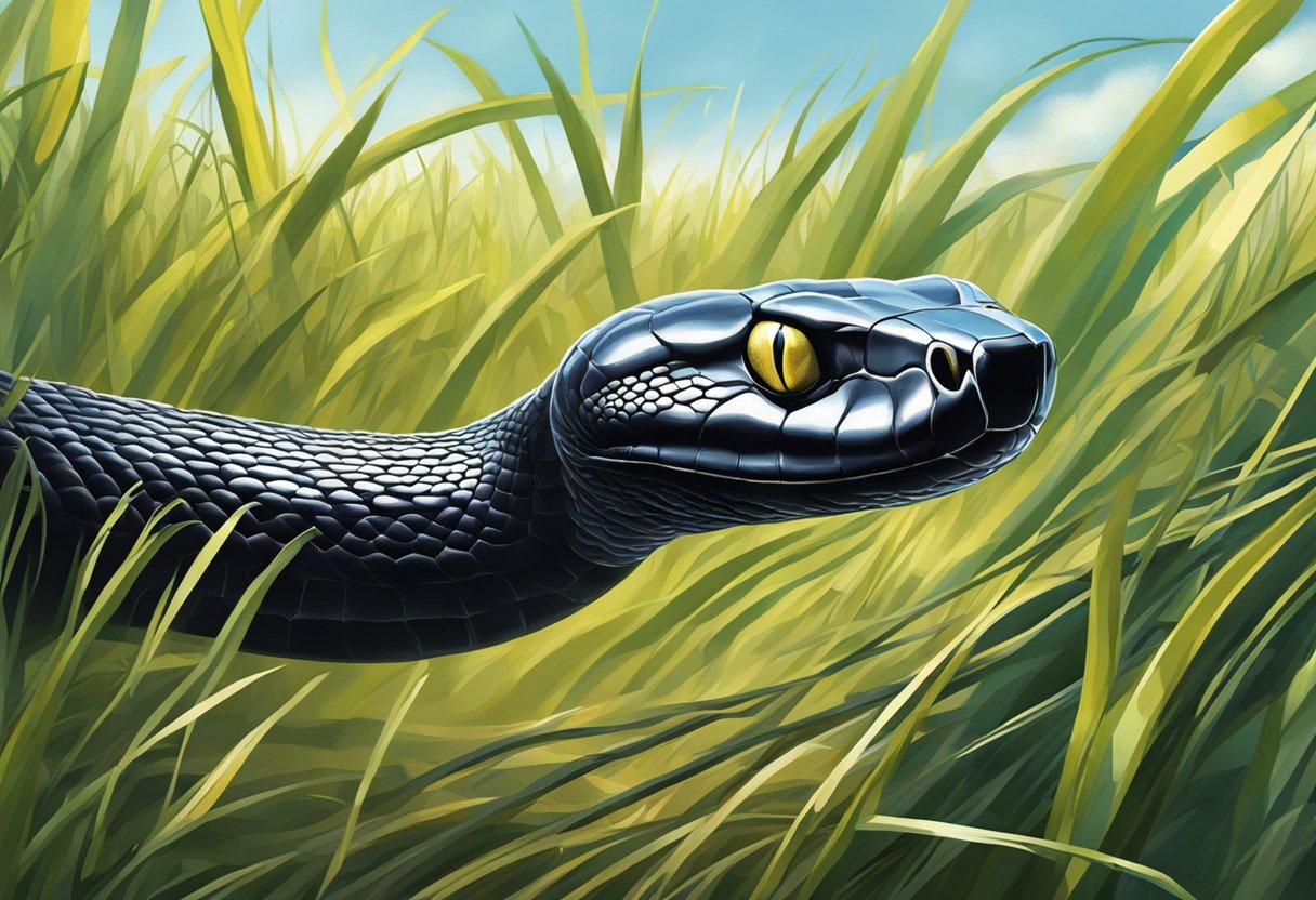 A Black Mamba slithers through tall grass, its sleek black body glistening in the sunlight, while its piercing eyes scan the surroundings for prey