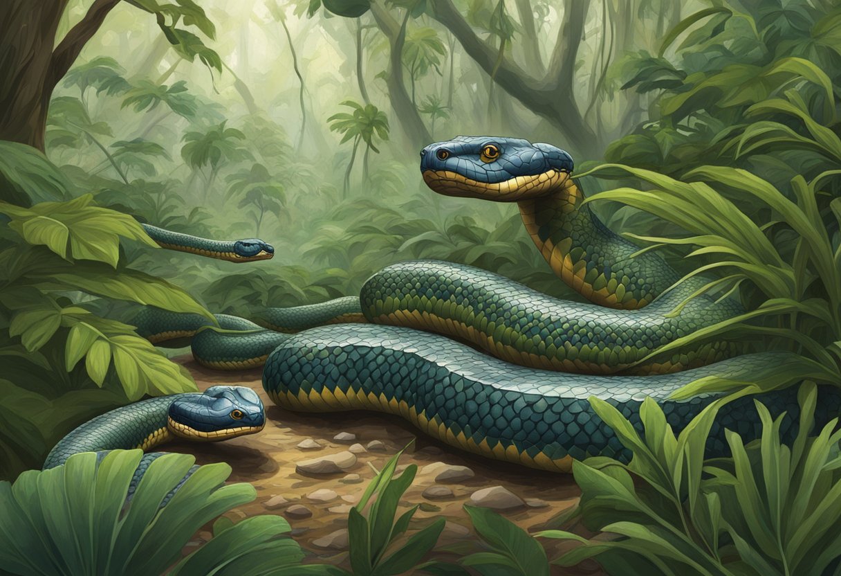 Taipans and Kraits slithering in jungle foliage, poised to strike