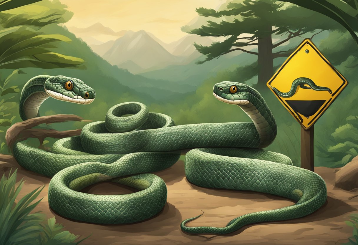 Top 5 poisonous snakes coiled around warning signs in a protected area. Scientists monitor and protect them