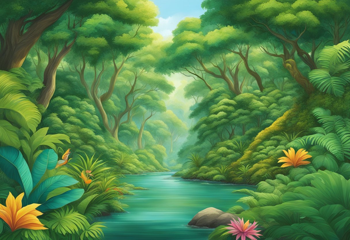 Lush green canopy teeming with diverse wildlife, towering trees stretching towards the sky, flowing rivers and streams, vibrant colors of exotic flora, and the vital role in global climate regulation