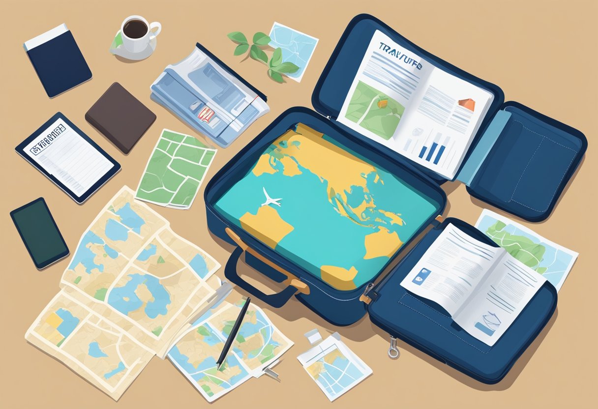 A map, passport, and checklist lay on a table. A suitcase is open with clothes spilling out. A laptop displays travel tips