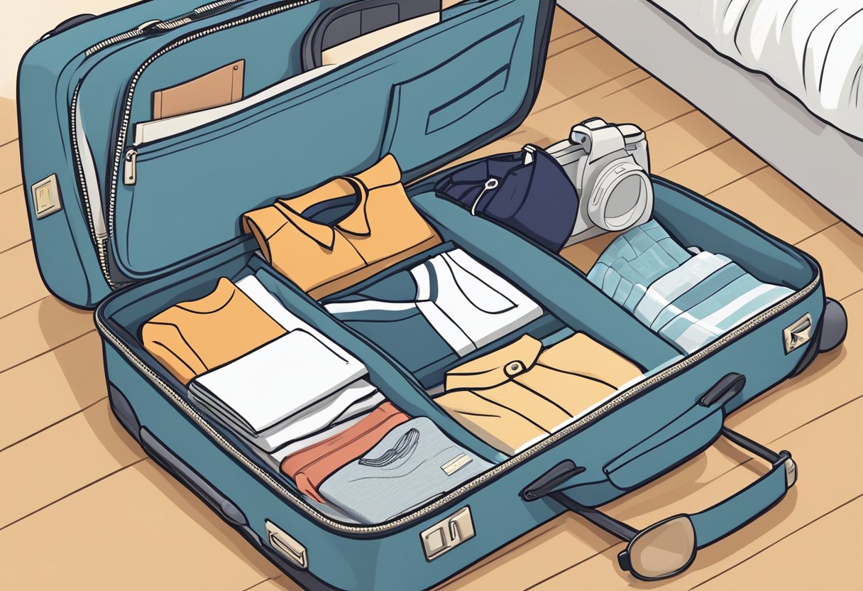 A suitcase open on a bed, filled with neatly folded clothes and travel essentials. A checklist and travel guide book nearby