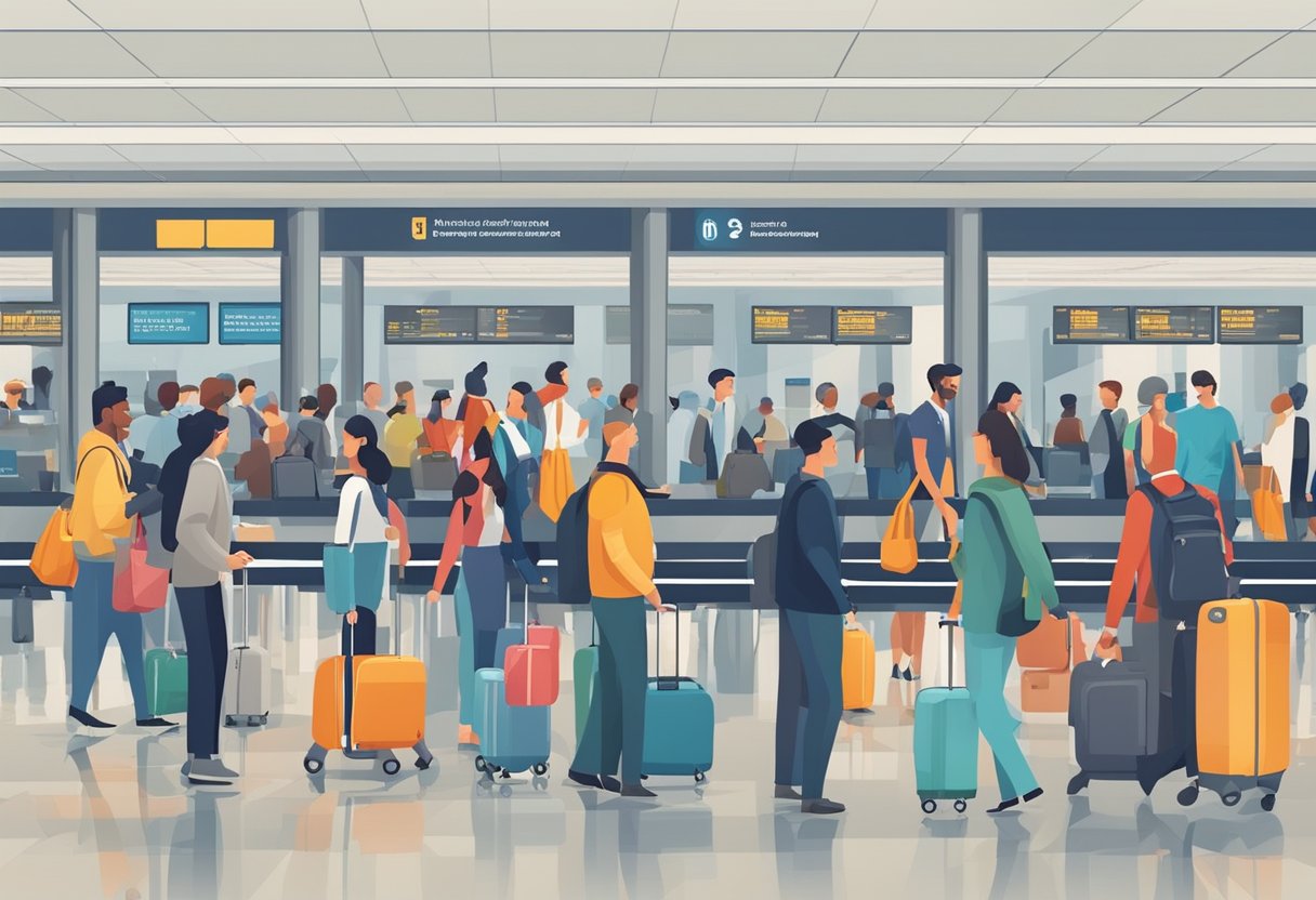 Passengers waiting in line at airport security. Luggage bins and conveyor belts. Signs for departure gates and flight information. Busy airport terminal with people rushing to catch their flights