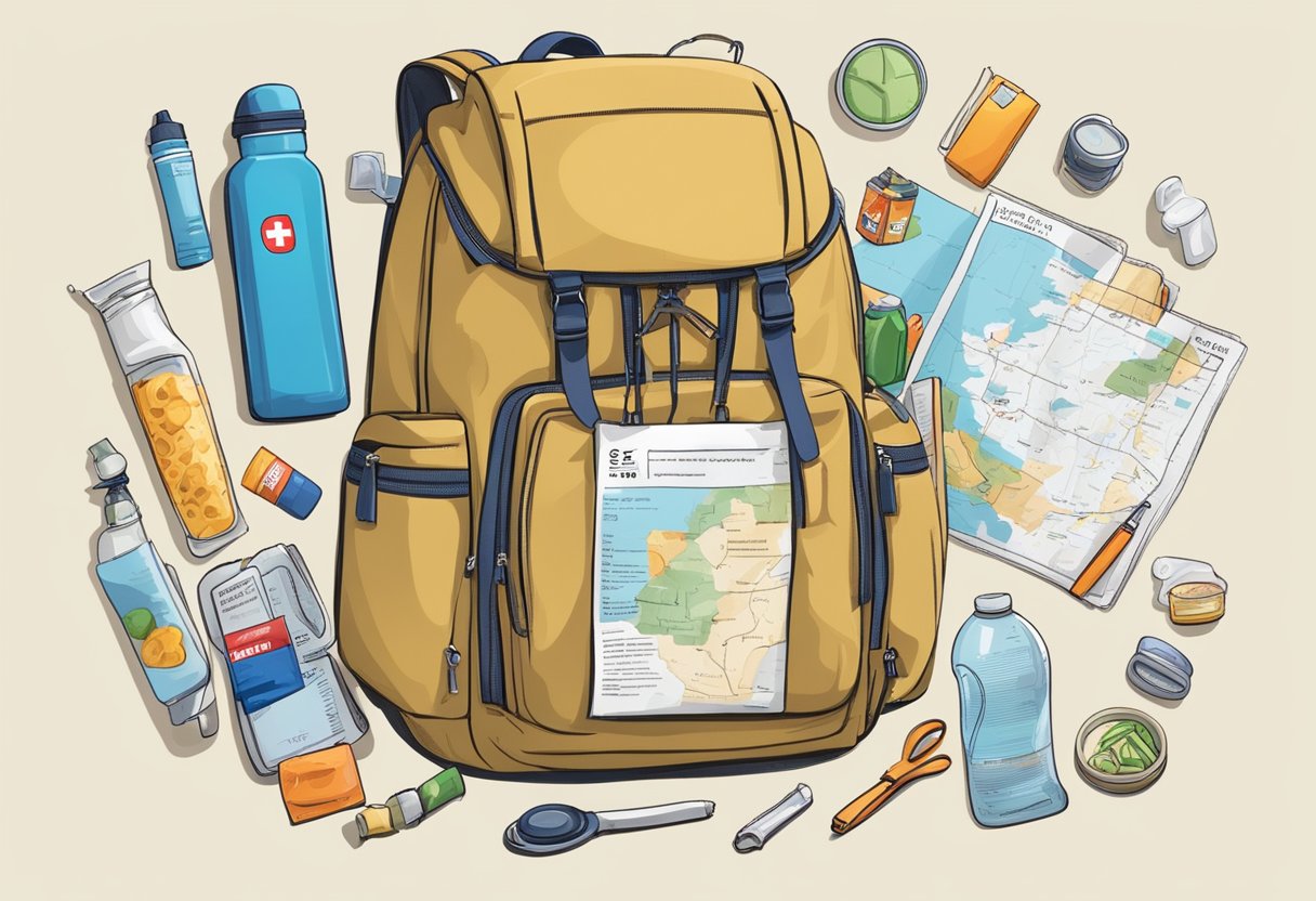 A traveler's backpack with a first aid kit, sunscreen, water bottle, map, and snacks. A checklist with "10 helpful tips" is visible