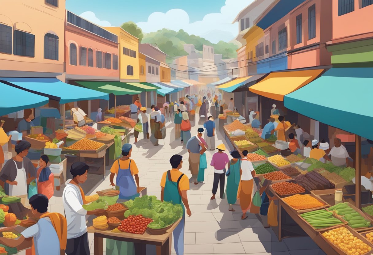 A bustling market with colorful stalls, locals engaging in traditional activities, street food vendors, and cultural landmarks in the background