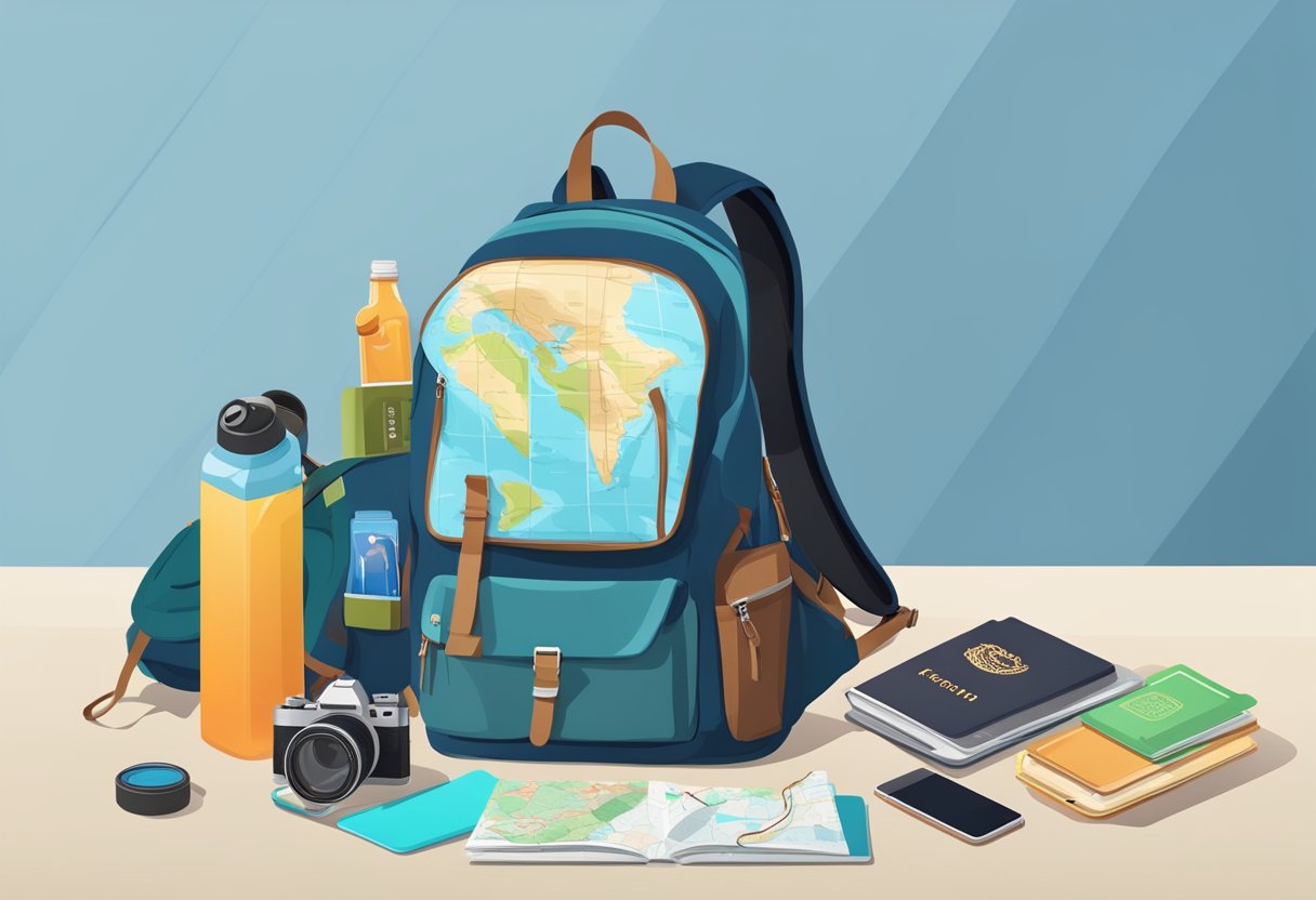 A traveler's backpack open with essentials spilling out, a map, passport, and camera. A guidebook and smartphone with travel apps lay nearby. A pair of comfortable walking shoes and a water bottle complete the scene