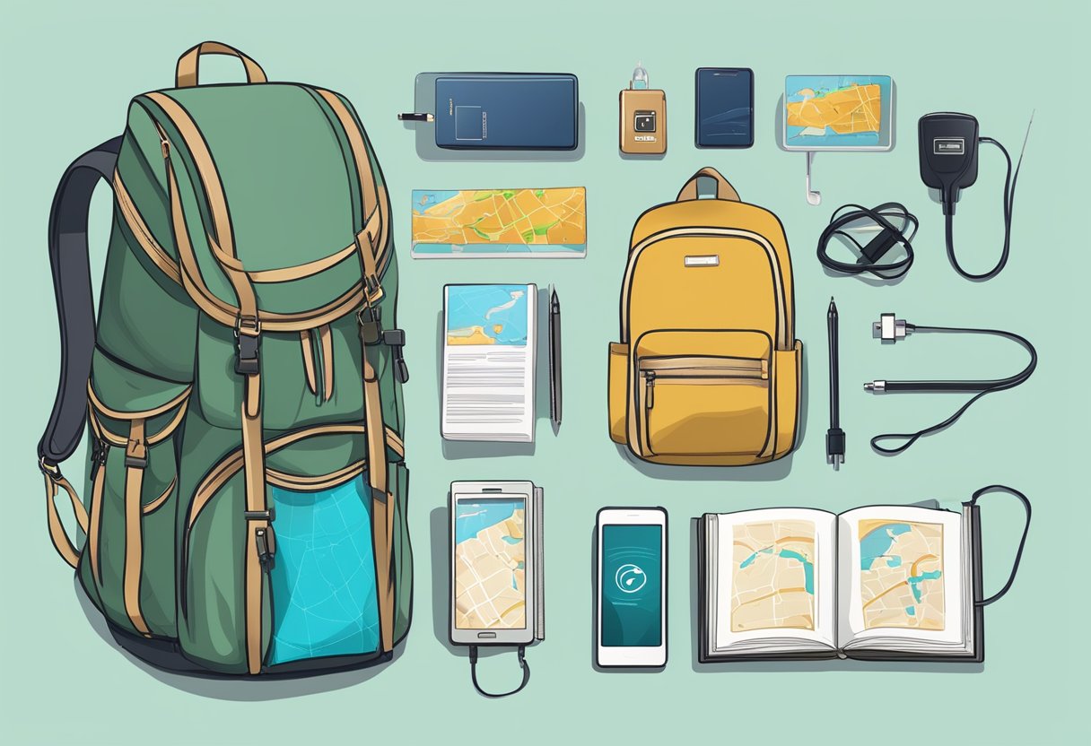 A traveler's backpack open, with a smartphone, charger, and map laid out. A notebook with the title "10 helpful tips for first time travelers" is visible