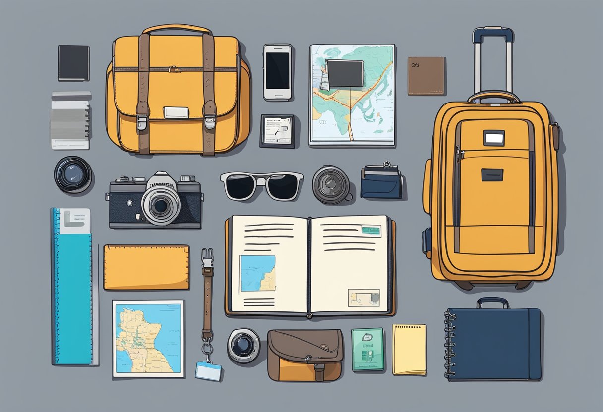 A suitcase packed with essentials, a passport and boarding pass in hand, a map and guidebook ready to be consulted, and a camera hanging from the shoulder