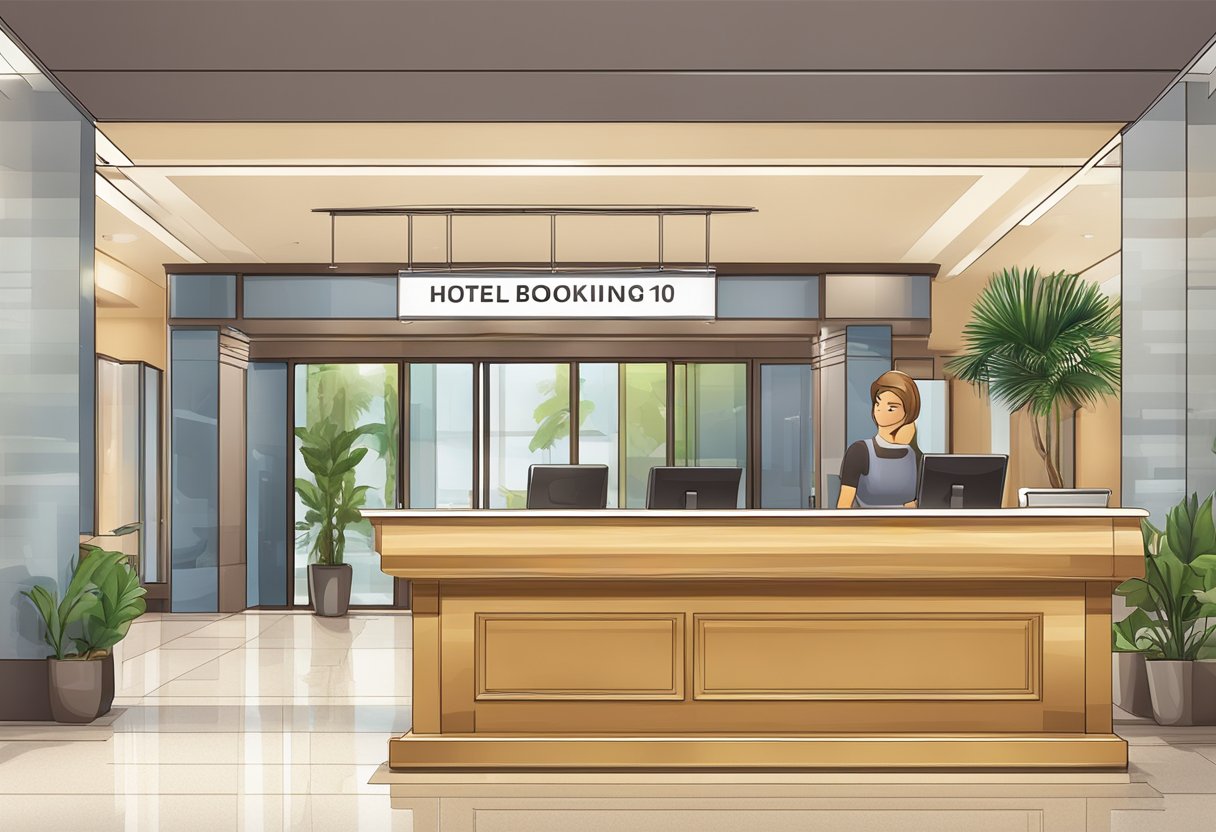 A hotel lobby with a reception desk and a sign displaying "Hotel Booking 10 Importance Things to Consider" in the background