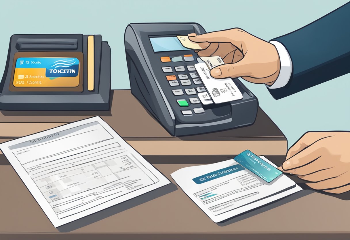 A hand swipes a credit card at a hotel reception desk. A list of extra charges is displayed. A sign lists 10 important considerations for booking