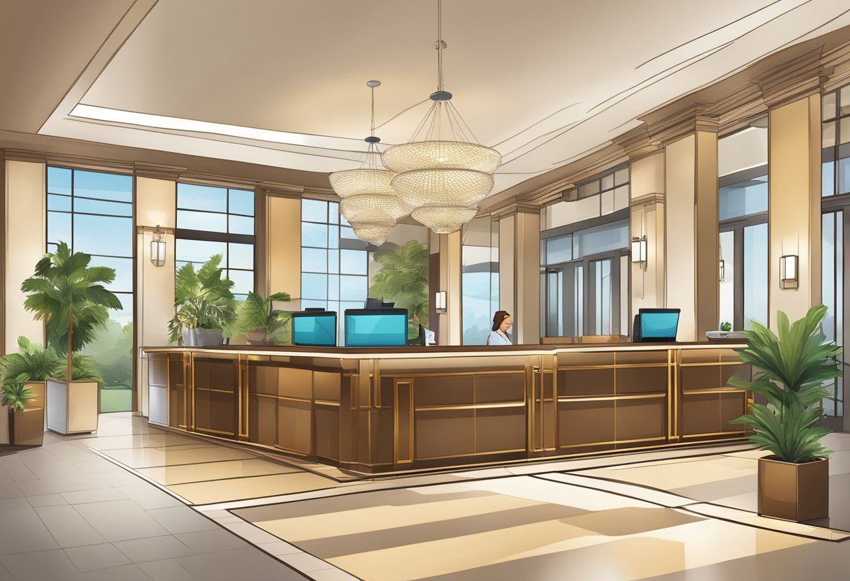 A hotel lobby with check-in desk, seating area, and concierge. Signs for amenities like pool, gym, and restaurant. Brochures for local attractions