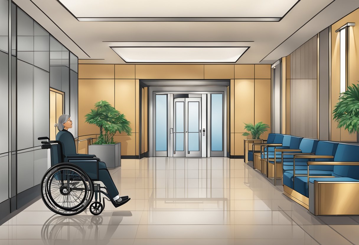 A hotel lobby with wheelchair ramps, braille signs, and elevator access. Staff assisting guests with special needs. Clear signage for accessible facilities