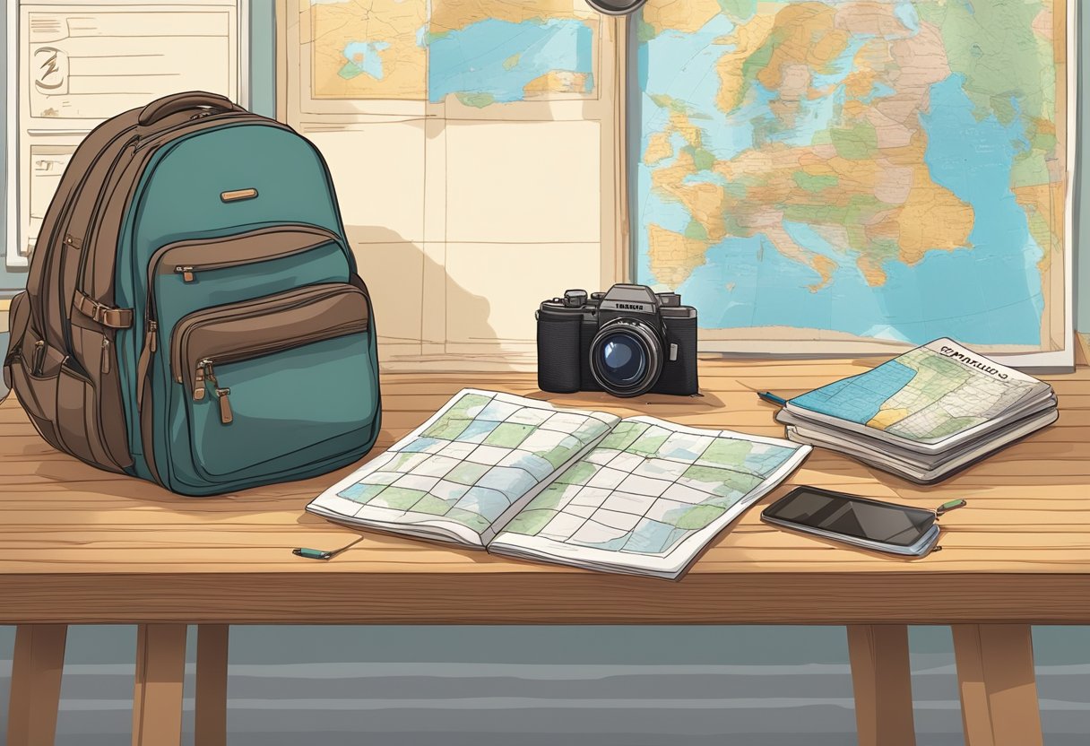 A backpack, map, and camera lay on a wooden table. A passport and travel guide sit next to a packed suitcase. A solo traveler's checklist is pinned on the wall