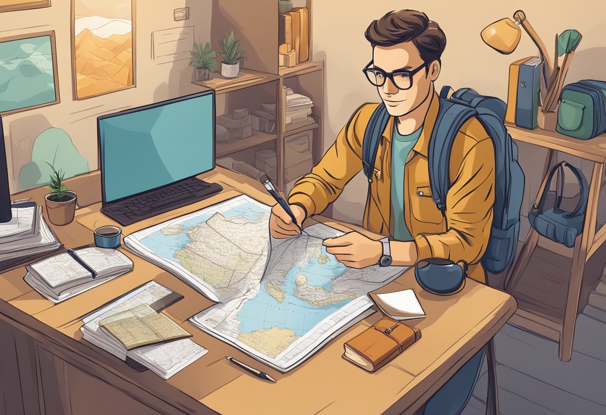 A traveler sits at a desk with a map, journal, and passport. They research destinations and make lists of essential items