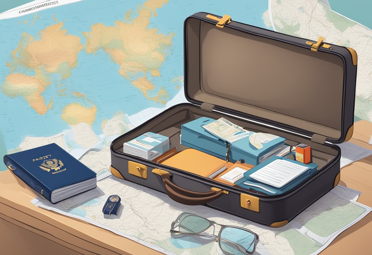 A suitcase with a sturdy lock sits next to a passport and travel documents on a table, surrounded by a map, first aid kit, and emergency contact information