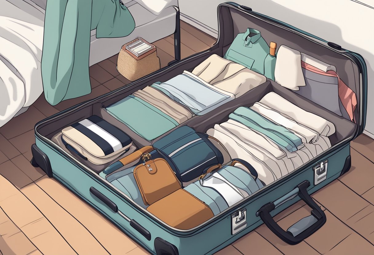 A suitcase open on a bed, filled with travel essentials like clothes, toiletries, and a passport. A checklist with the top 10 solo travel tips is pinned to the wall