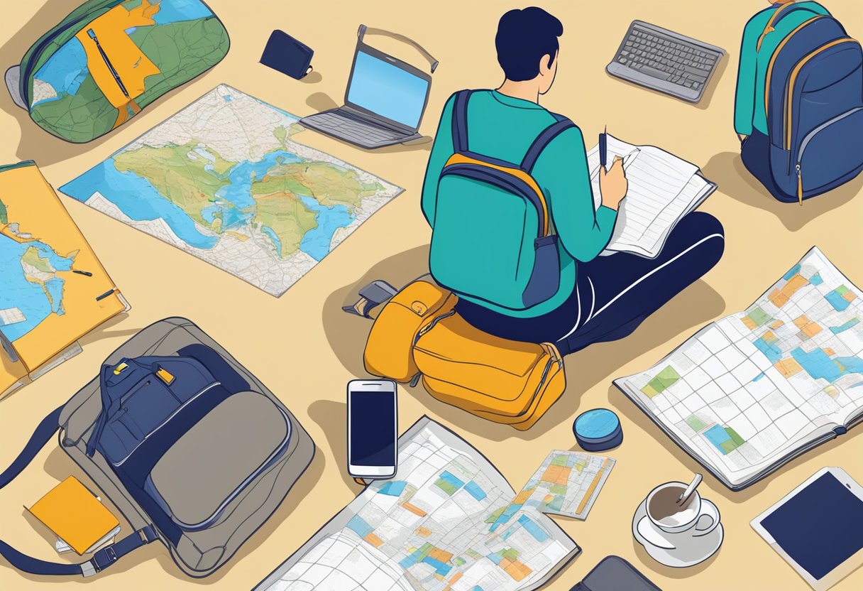 A traveler sits with a map and notebook, surrounded by various communication devices. They appear focused and prepared for solo travel