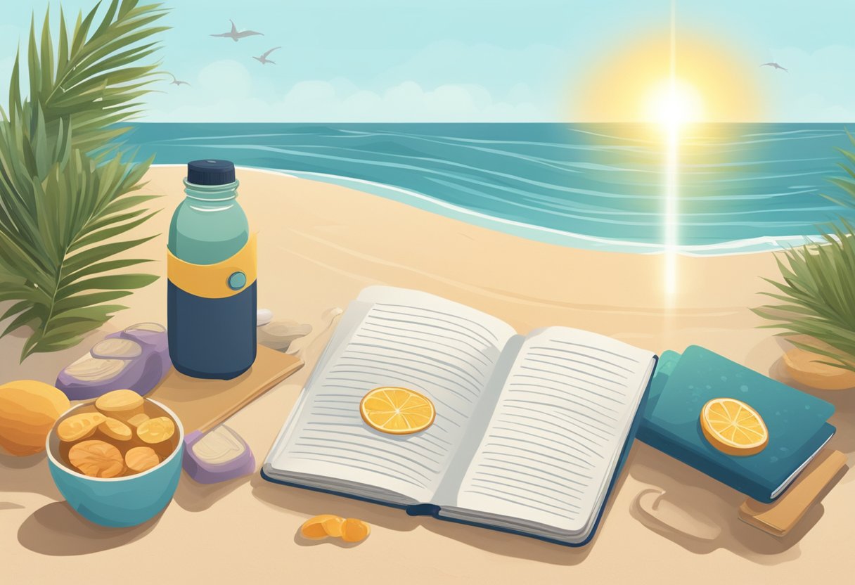 A serene beach with a yoga mat, healthy snacks, a water bottle, and a book on wellness. The sun is shining, and the ocean waves are calm