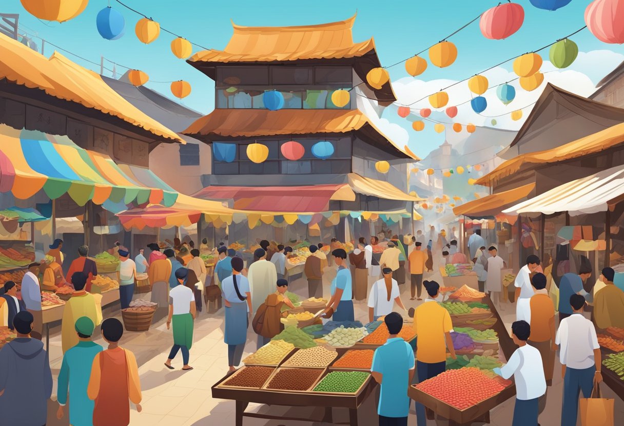 A bustling market with colorful stalls selling traditional crafts, surrounded by locals in traditional attire, offering samples of local cuisine