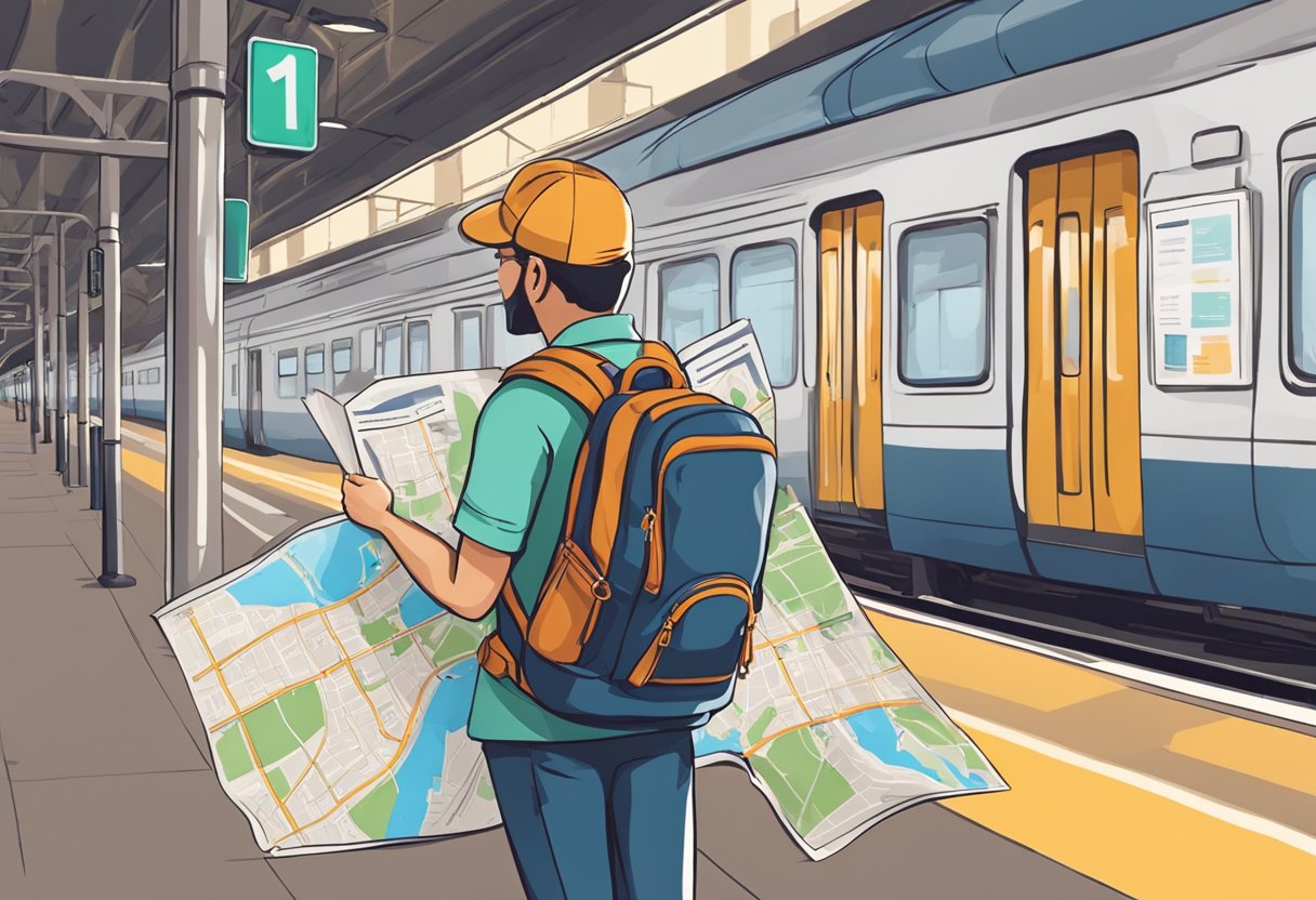 A traveler with a backpack stands at a train station, looking at a map. Nearby, a sign displays the top 10 transportation tips for solo travel