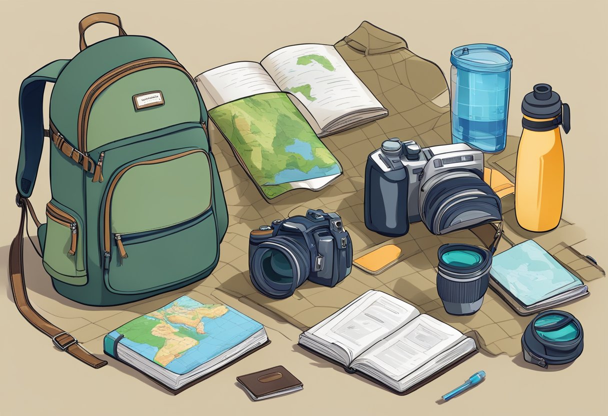 A traveler's backpack sits open, filled with essentials like a map, water bottle, and guidebook. A passport and camera are placed nearby, ready for adventure