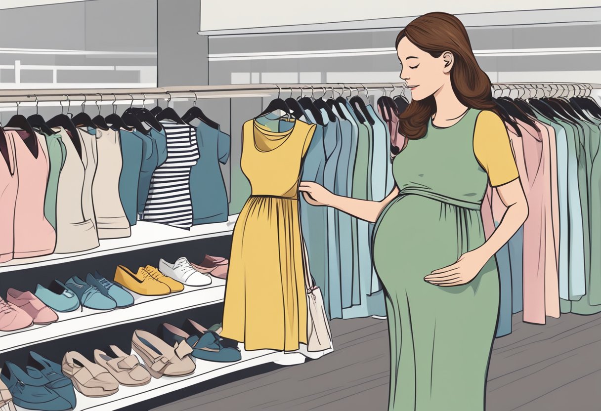 A pregnant woman browsing through a rack of maternity clothes, with a variety of stylish and comfortable options on display