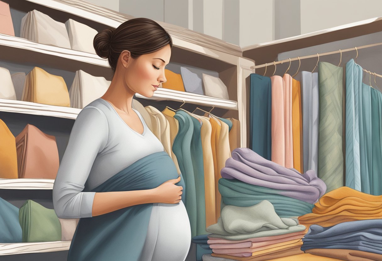 A pregnant woman browsing through a variety of fabrics, carefully examining the textures and colors. A selection of soft, stretchy materials catches her eye