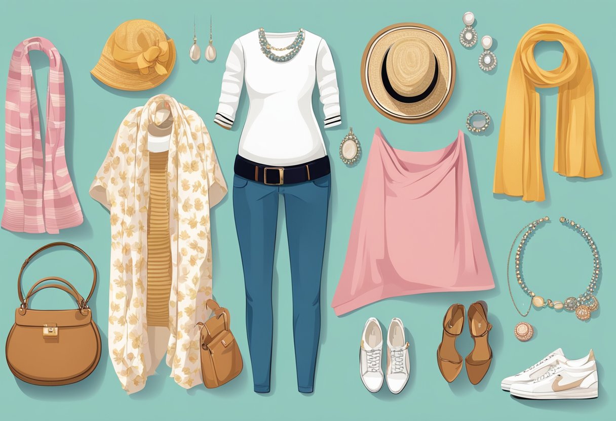 A pregnant woman's outfit laid out with various accessories such as scarves, hats, and jewelry. Clothes are neatly arranged to showcase different fashion tips for pregnancy