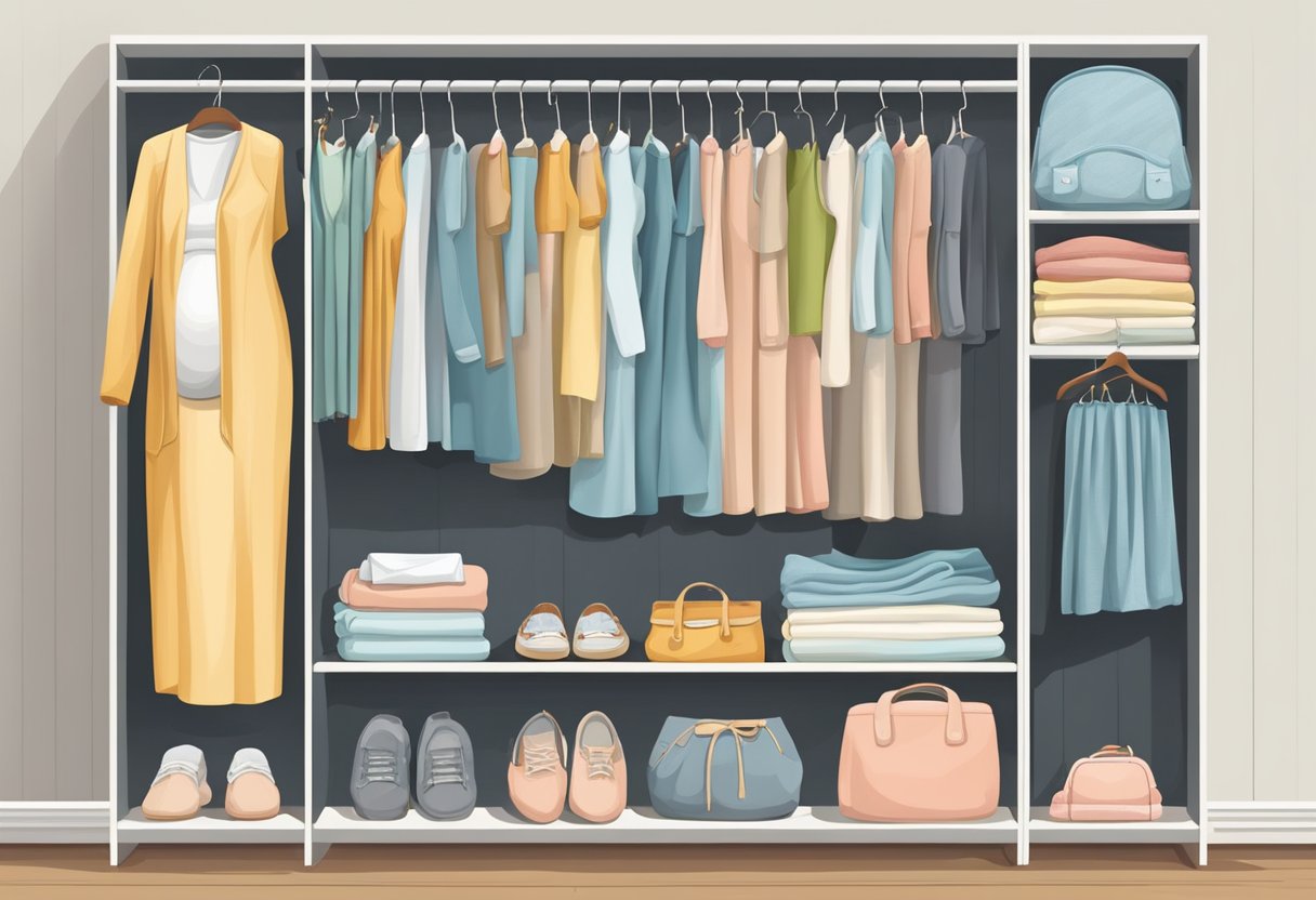 A pregnant woman's wardrobe, with layers of clothing for various stages of pregnancy, organized neatly on hangers and shelves