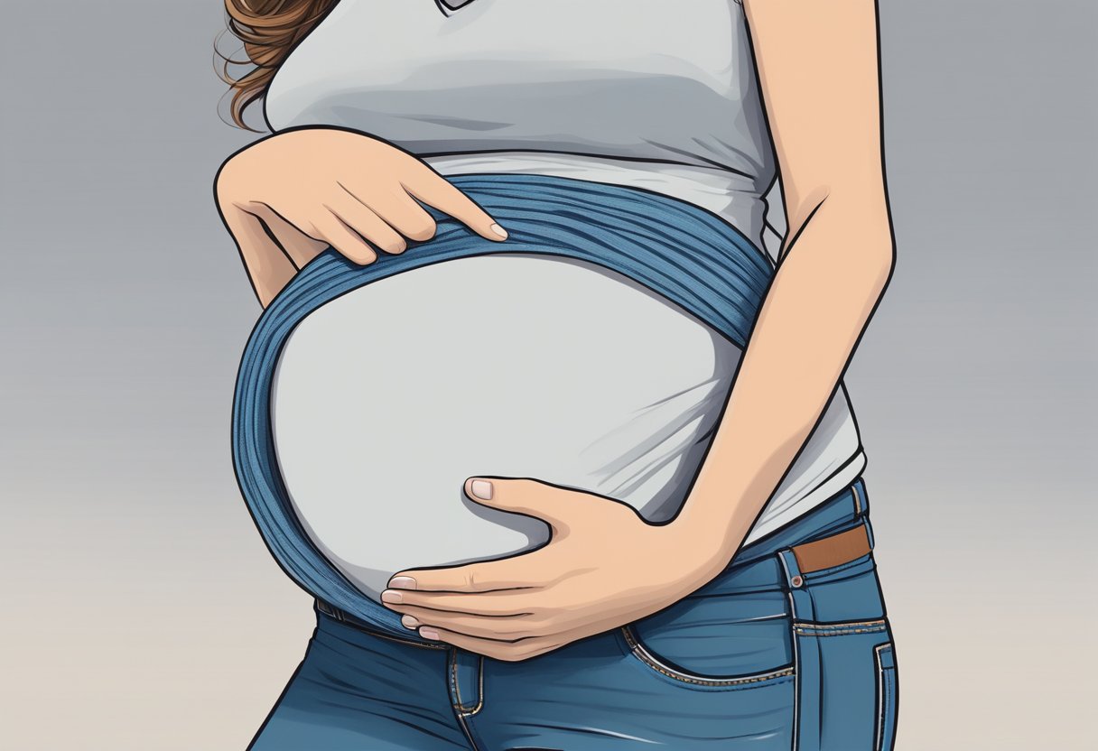 A pregnant woman using a hair tie to extend the waistband of her non-maternity jeans, while pairing it with a flowy top for a stylish and comfortable look