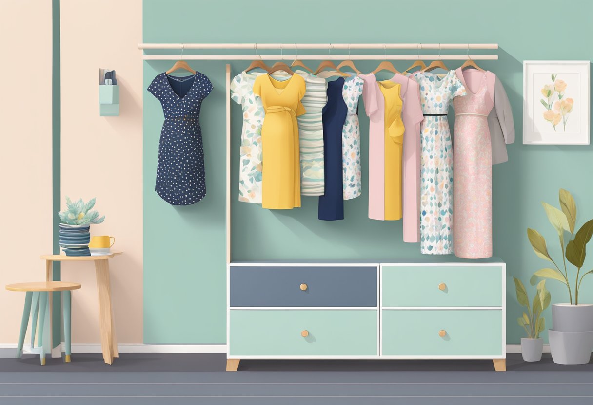 A colorful and patterned maternity wardrobe displayed on hangers, with a mix of casual and formal styles. Vibrant prints and soft pastels create a stylish and comfortable look for the expectant mother