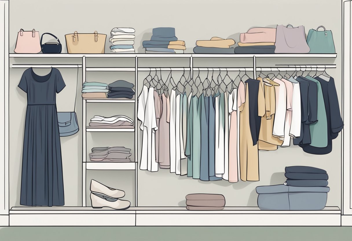 A closet with three sections: loose-fitting dresses and tops for the first trimester, stretchy leggings and tunics for the second trimester, and maternity jeans and flowy blouses for the third trimester