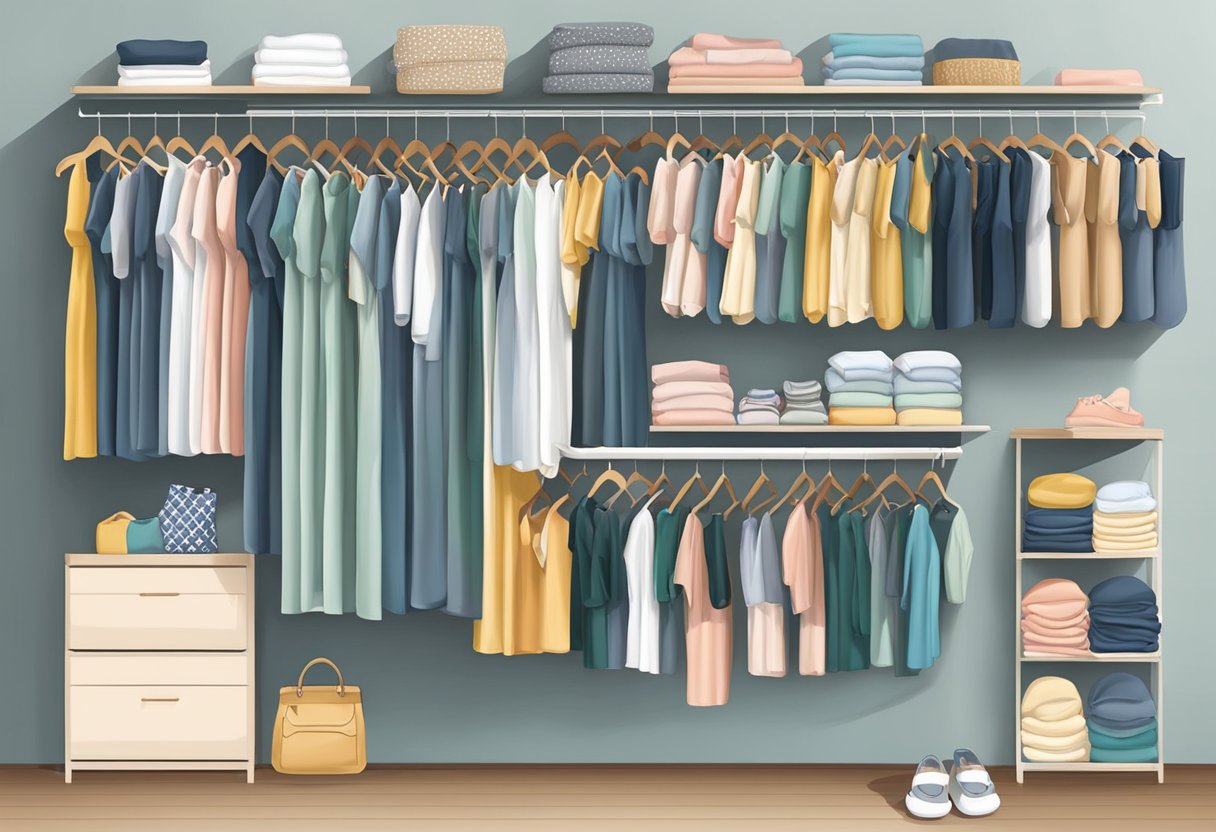 A pregnant woman's closet with 10 stylish maternity outfits neatly organized on hangers and shelves