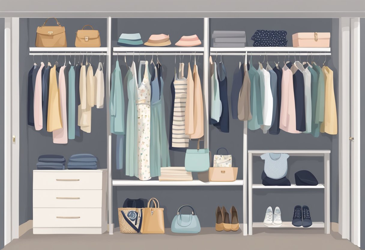 A pregnant woman's closet with stylish maternity clothes neatly organized, showcasing her personal fashion sense and confidence during pregnancy