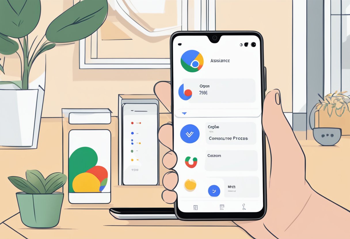 A smartphone with the Google Assistant app open, displaying the Voice Match setup process. The screen shows the steps to configure the feature for personalized assistance