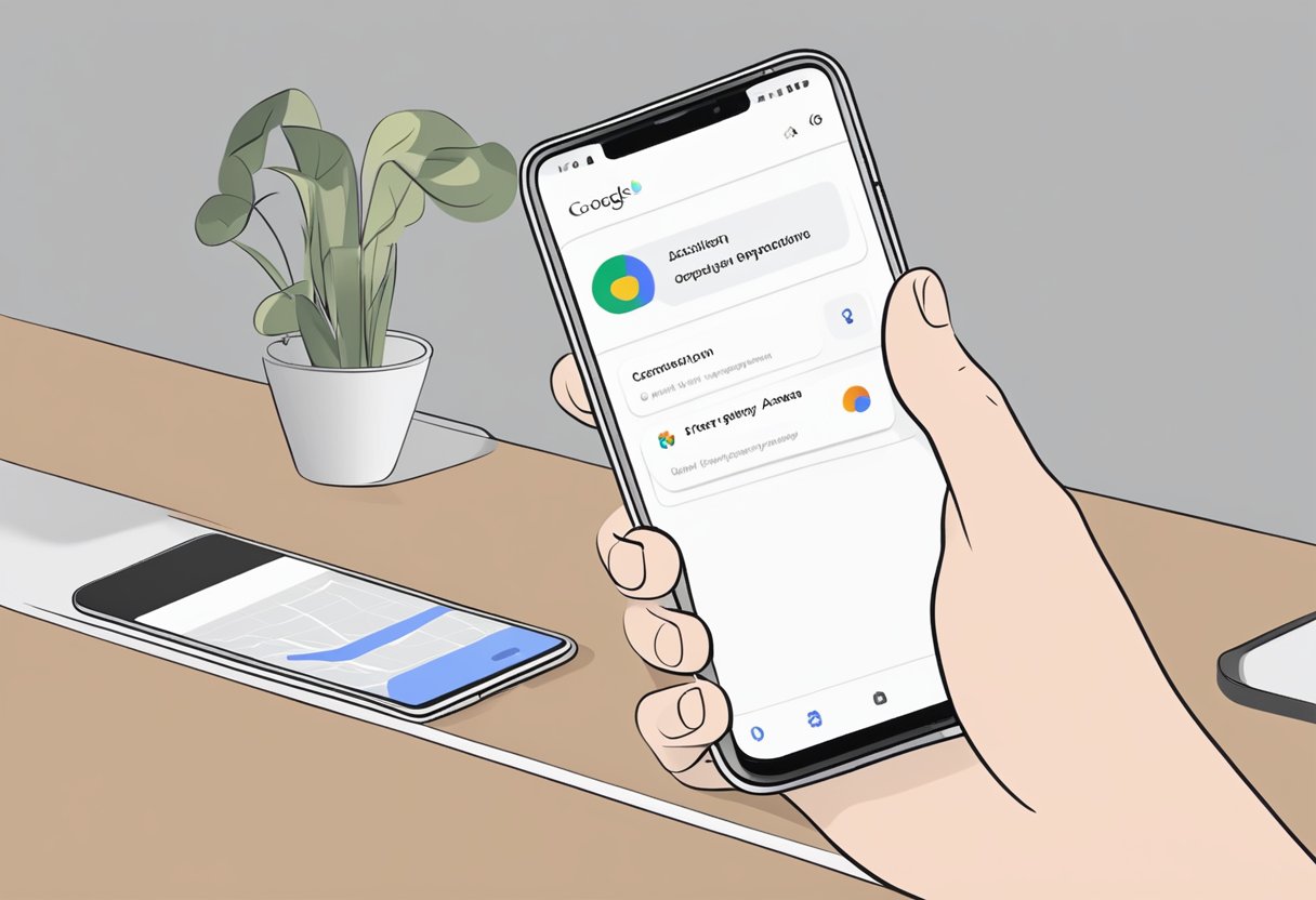 A smartphone with the Google Assistant app open, displaying the setup process on the screen. A hand holding the phone is not shown