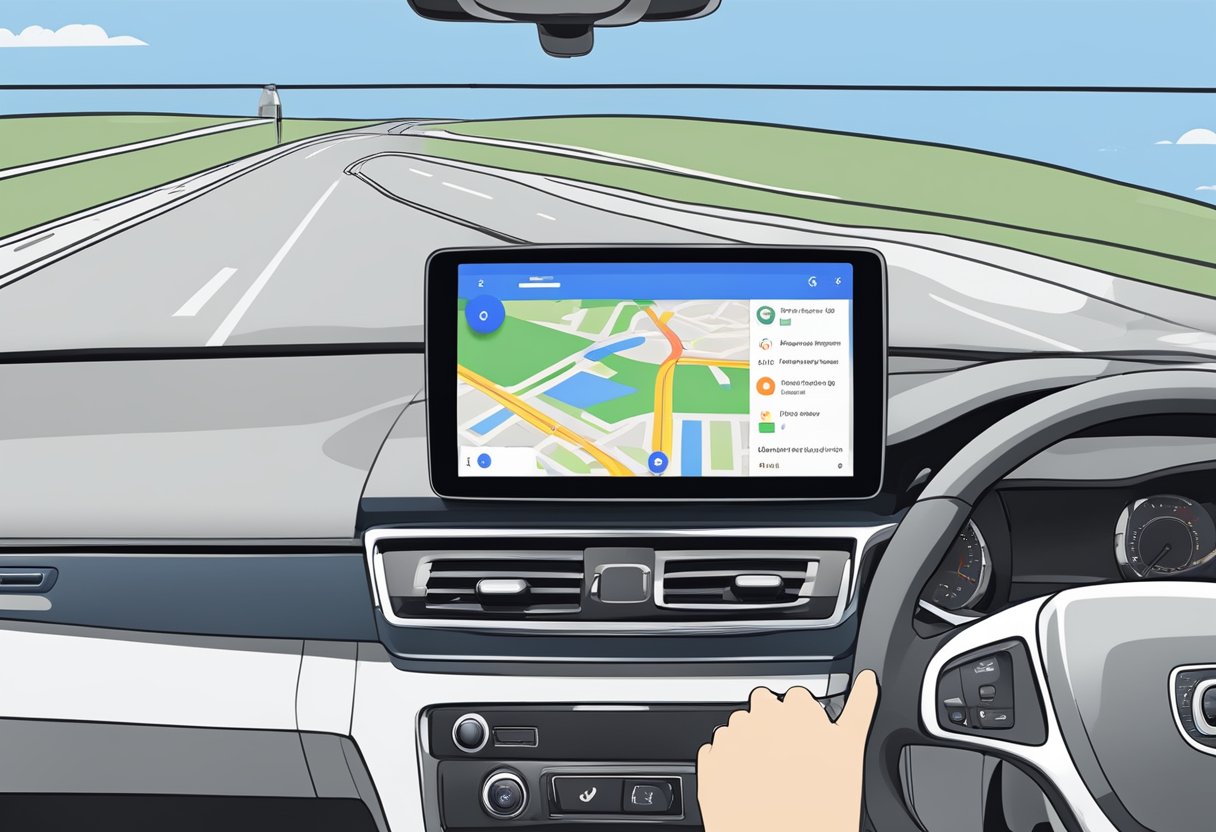 A phone with Google Maps open, mounted in a car dashboard, displaying a route with a blue line, surrounded by a steering wheel and other car controls