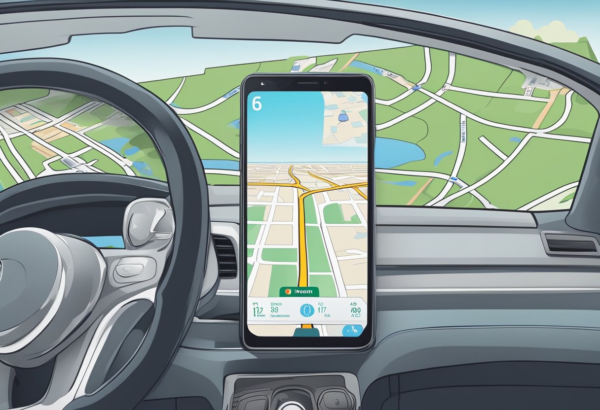 A phone mounted on a car dashboard displays a map with a route highlighted, while the car drives along a road