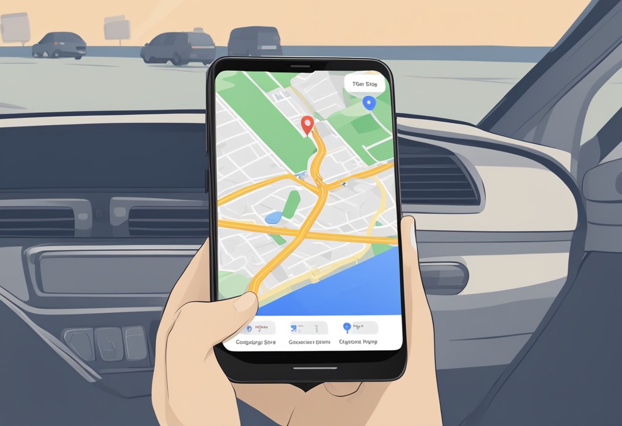 A hand holding a smartphone with Google Maps open, placed in a car dashboard. The map shows the route with a clear view of the street names and directions