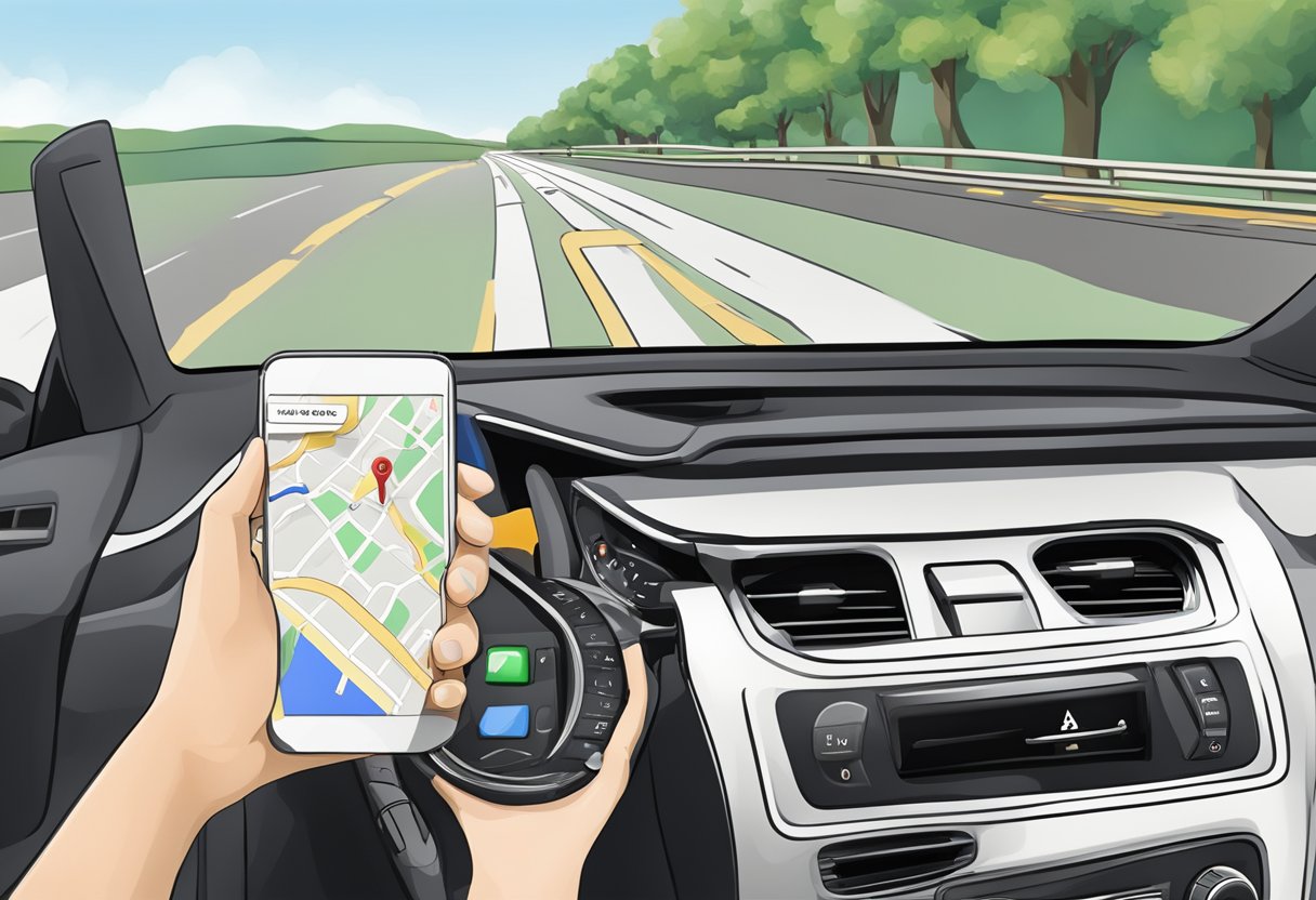 A phone mounted on a car dashboard, displaying Google Maps with a route and navigation instructions