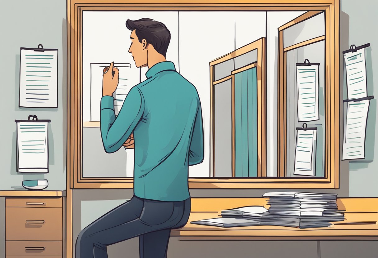 A person organizing their notes and practicing confident body language in front of a mirror