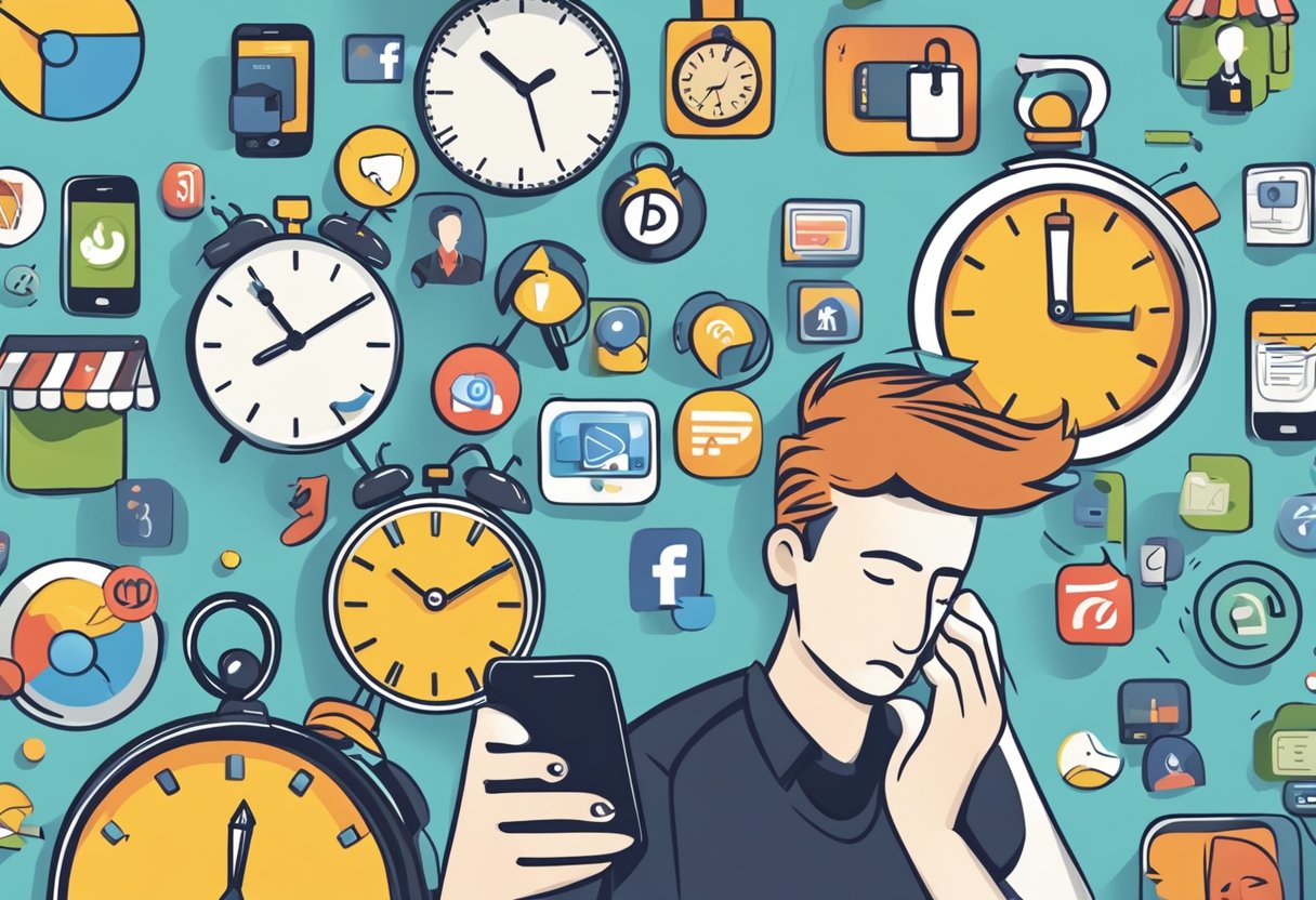 A smartphone with multiple social media icons displayed, a clock showing excessive hours, and a person looking stressed and overwhelmed