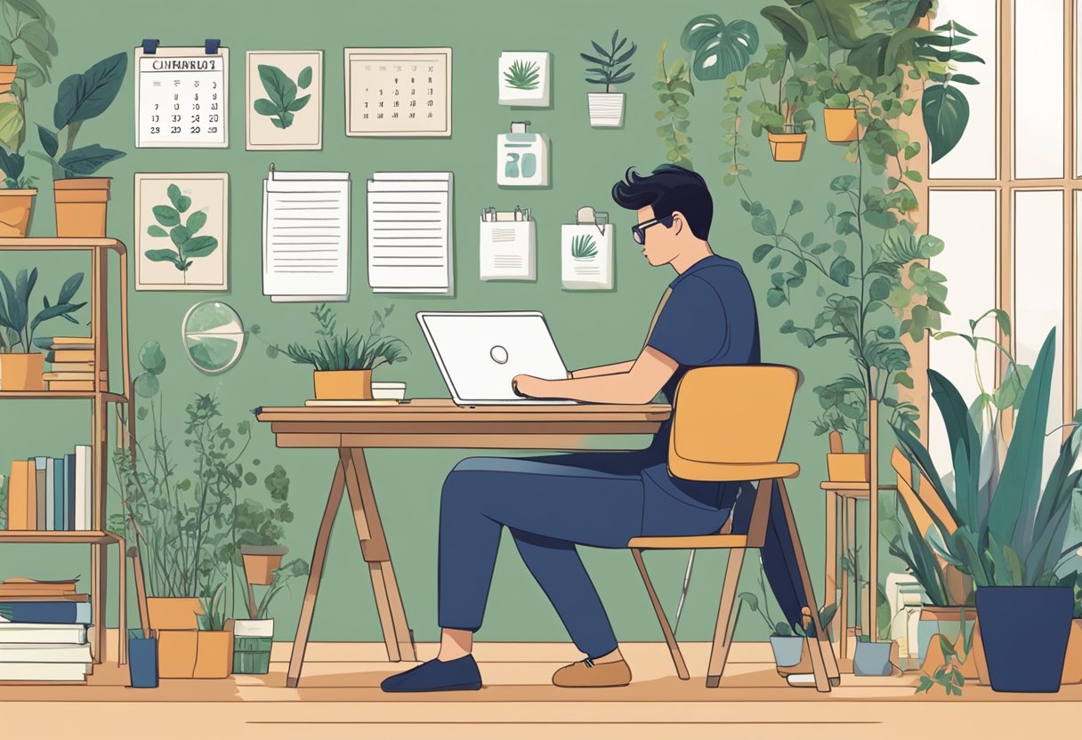 A person sits at a desk with a laptop open, surrounded by plants and books. A calendar on the wall shows a mix of online and offline activities