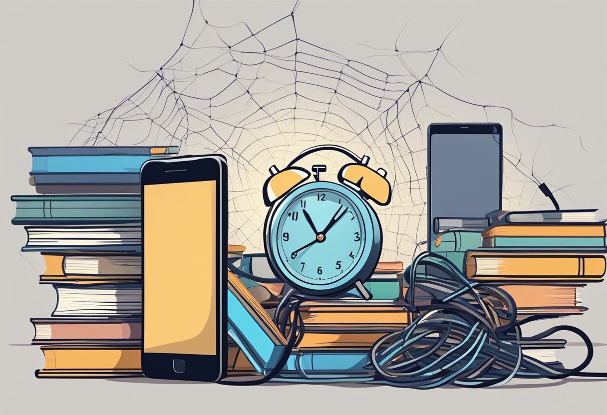 A smartphone with a clock showing late night, surrounded by a web of tangled charging cords and a pile of neglected books