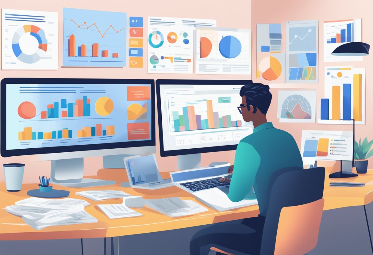 A person studying data on a computer screen, surrounded by graphs and charts, with a focus on improving online customer acquisition