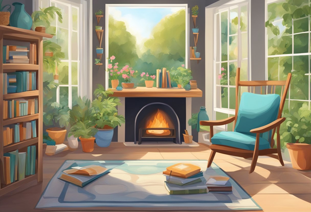 A cozy room with a crackling fireplace, a shelf of books, a table set for a puzzle, and a painting easel in the corner. Outside, a serene garden with a hammock and a bird feeder